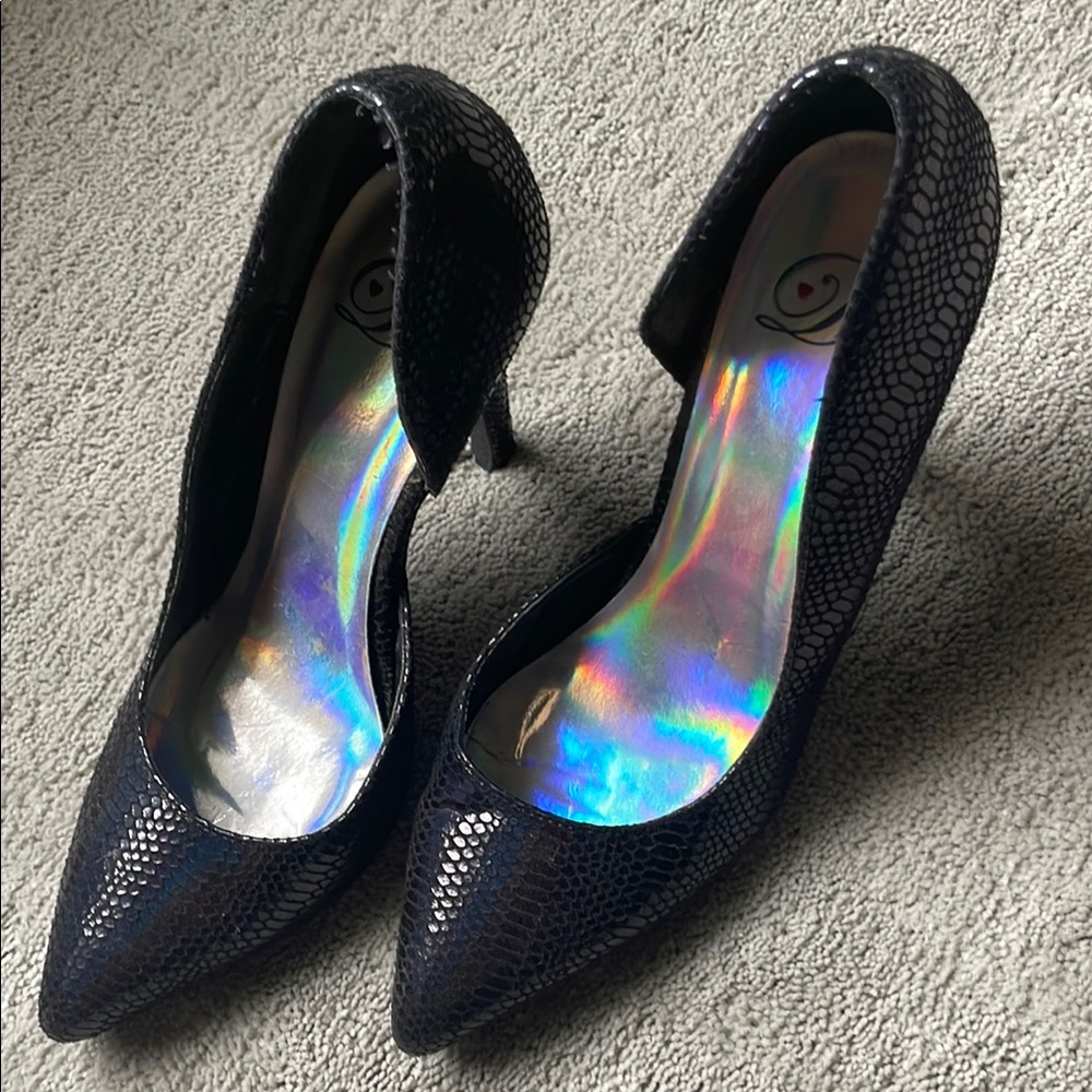 Black Textured Heels with Holographic Insole